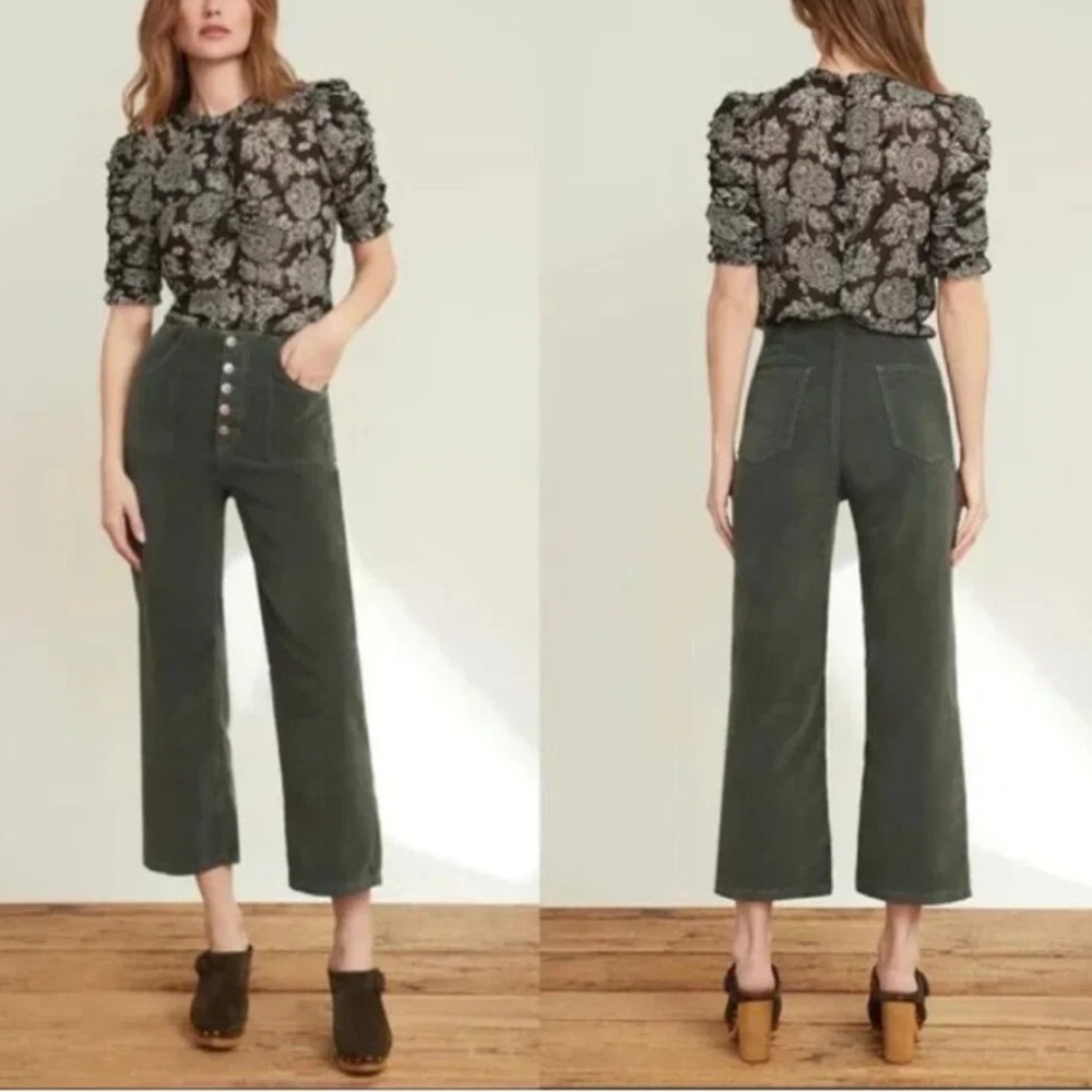Veronica Beard Jeans Crosbie Wide Crop Leg High Rise Pants Corduroy Green